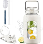 BLUEGO 84oz Water Bottle Glass with Stainless Steel Handle Large 2.5l Water Bottle with Time Markers and Silicone Sleeve Half Gallon Water Jug BPA Free for Gym Daily Use, White