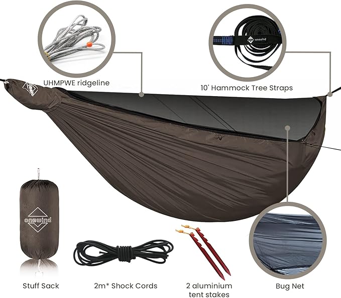 Onewind 11ft Camping Hammock with Mosquito Net and Adjustable Ridgeline, Lightweight Portable Double Hammock with Tree Straps and Bug Net, Ideal for Camping, Hiking, Backpacking, Coyote Brown