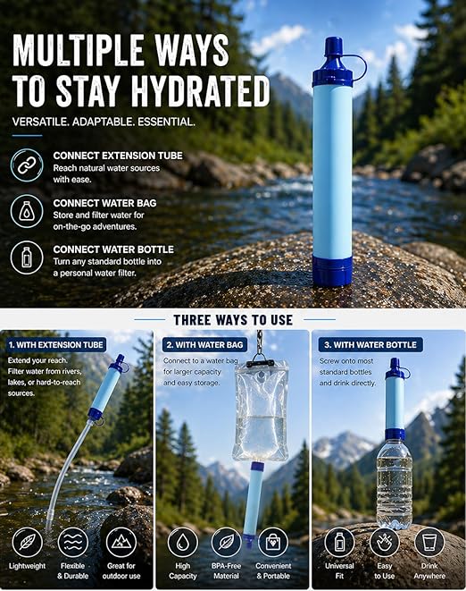 Water Filter, Portable Water Filter Straw, Emergency Survival Filtration System, Lightweight Personal Water Purifier, Includes 480ml Reservoir & Tube, for Hiking, Camping, Travel (1)
