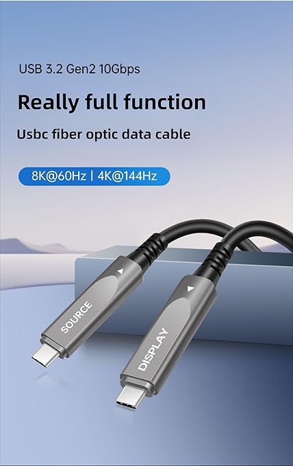 16.4ft/5m Full Function USB C Fiber Optic Cable, 10Gbps PD 60W Charging USB 3.2 C, Support 2-Lane DP1.4 and 8K 4K@60Hz Audio Video Output for VR, TV, Laptop