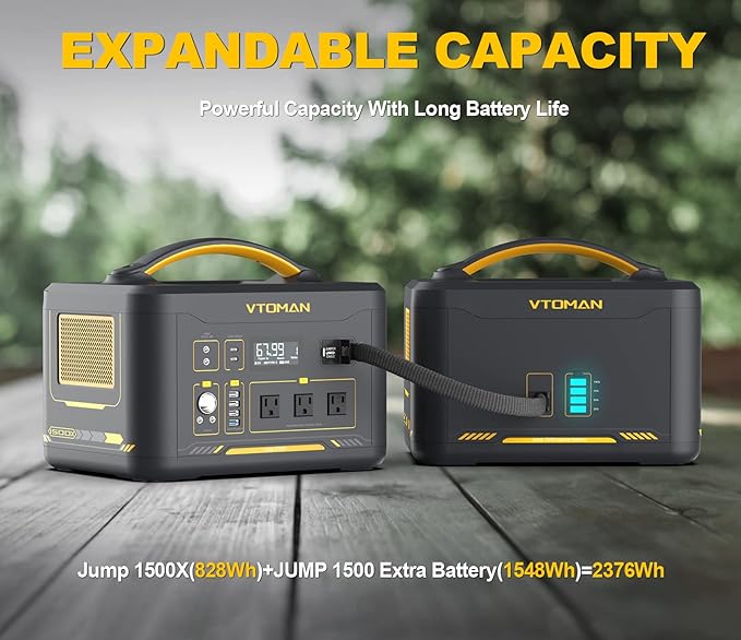 VTOMAN 2376Wh Portable Power Station, Jump 1500X Solar Generator with Extra Battery, 3000W Peak Durable LiFePO4 (LFP) Battery Station with 1500W AC Outlets, PD 100W for Home Backup & RV/Van Camping