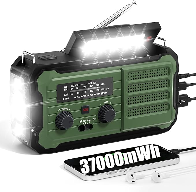 Emergency Radio Hand Crank Solar, 10000mAh/37000mWh Emergency Weather Radio, Hand Crank Solar Radios with NOAA/AM/FM, Cell Phone Charger, Headphone Jack, Flashlight for Indoor Outdoor