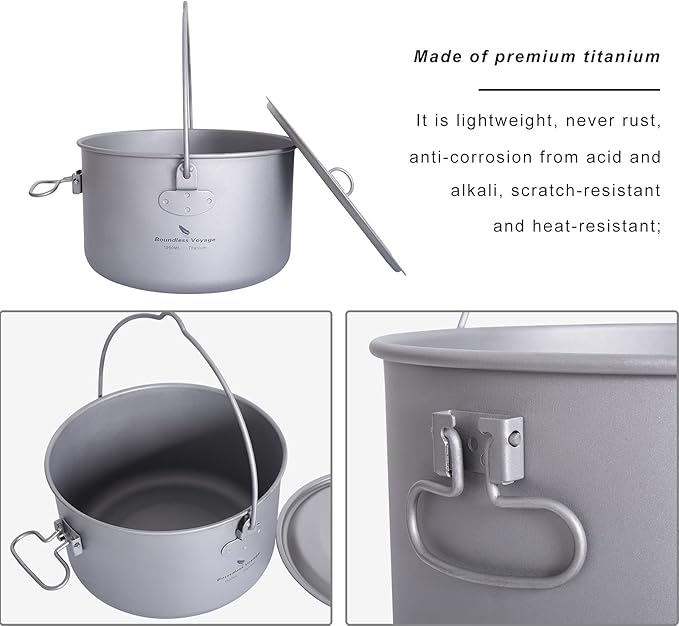 iBasingo 1.95L (1950ml) Titanium Pot with Lid Ultralight Camping Cookware for Backpacking, Hiking & Outdoor Cooking, Compact Backpacker Pot with Measurement Marks, Folding Handle Ti2044C