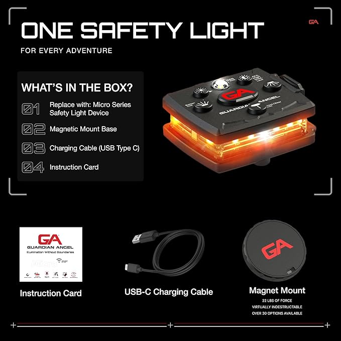 Guardian Angel Micro Series Safety Lights, Beacon Device (Orange Front & Orange Rear) | Rechargeable, Magnetic, Hands-Free Wearable LED Light for Dog Walking, Cycling, Hiking & Camping