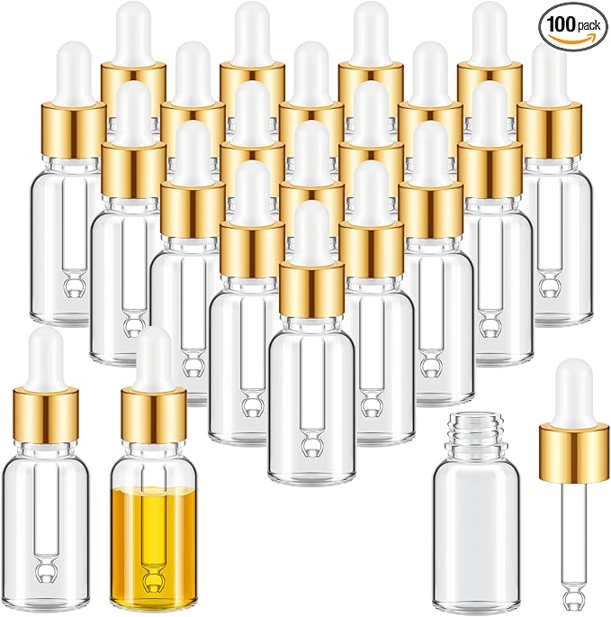 100 Pcs Mini Glass Oil Dropper Bottle Bulk, Clear Essential Small Empty Bottles Sample Containers Perfume Liquid Vials with Cap for Traveling (15 ml,Gold)