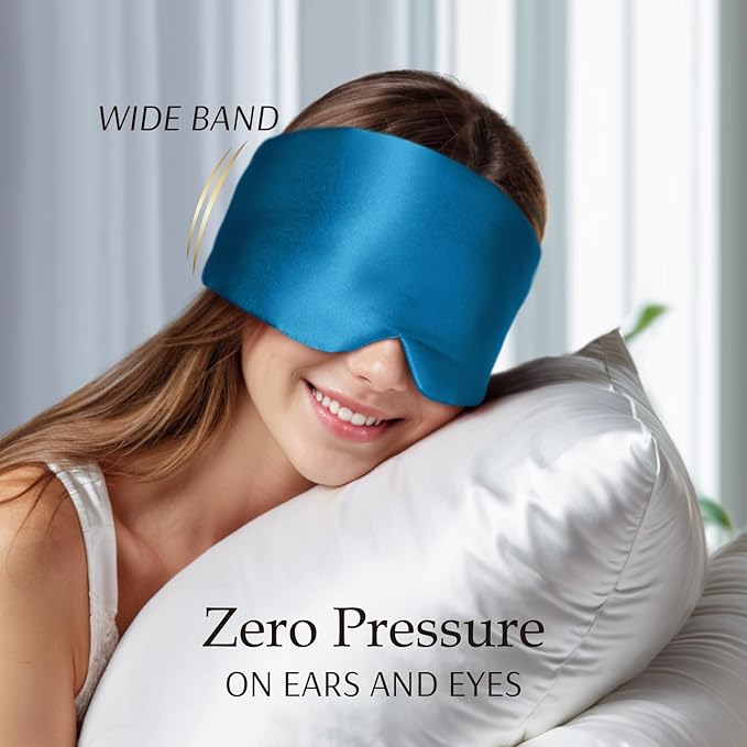 Zenssia 100% Mulberry Silk Sleep Mask Eye Mask for Man and Woman with Adjustable Headband, Full Size Large Sleep Mask & Blindfold for Total Blackout for All Night Sleep, Travel & Nap- Peacock Blue