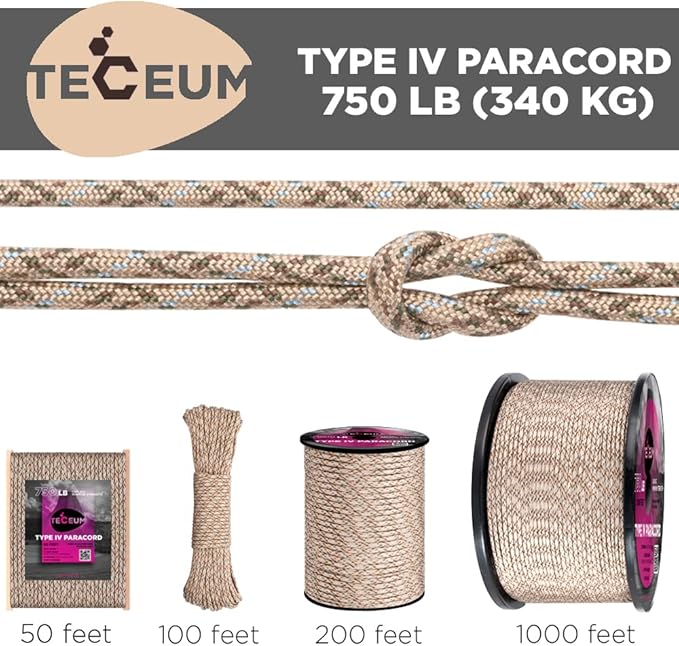 TECEUM 5/32" Paracord Rope 1000 – 1000ft / 200ft / 100ft / 50ft – Tactical Parachute Cord 4mm – 45+ Colors – Nylon String for Survival & Camping Gear – Stripe Cord for Survival – Utility Rope