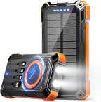 Solar Power Bank 49800mAh Wireless Portable Charger with USB-C 15W Fast Charging with 4 Built-in Cables LED Flashlight Battery Pack Compatible with iPhone, iPad, Galaxy, Perfect for Camping, Hiking