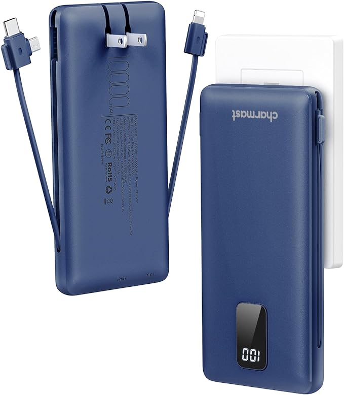 charmast Portable Charger with Built-in Cables and Plug, 10000mAh USB C Power Bank Fast Charging, External Battery Pack Slim, Travel Essentials Compatible with iPhones, Samsung Galaxy, iPad