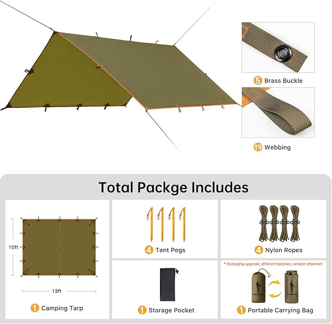 FREE SOLDIER Camping Tarp Waterproof Portable Multifunctional Outdoor Camping Traveling Awning Backpacking Shelter Rain Tarp (Brown 10×13ft)