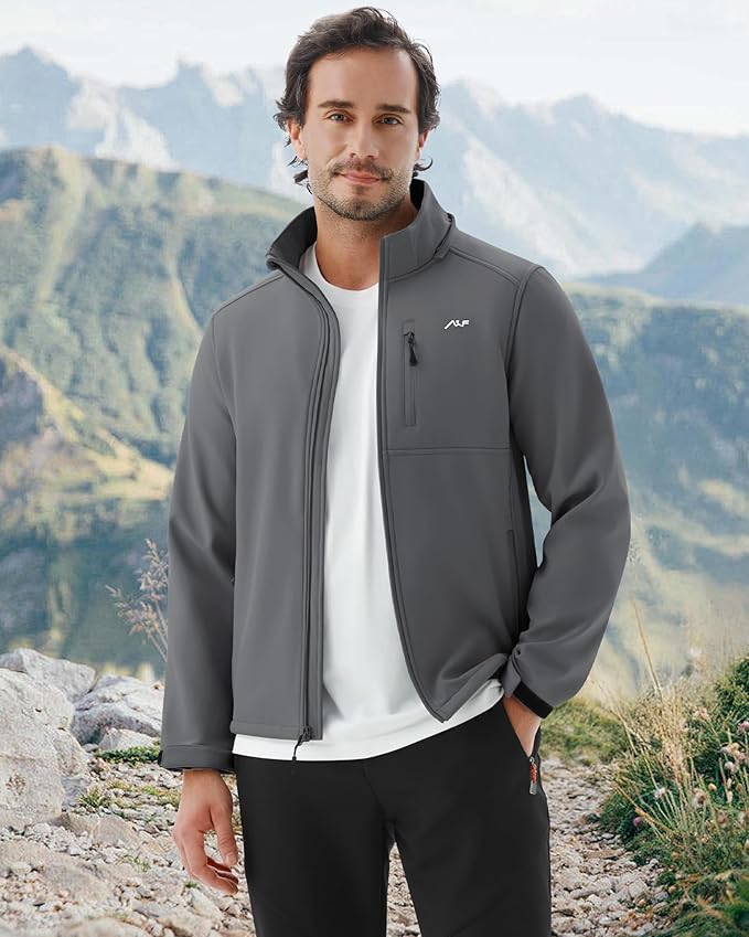 WULFUL Men's Softshell Jacket Waterproof Lightweight Insulated Windbreaker Fleece Lined Rain Shell Jacket for Hiking Travel