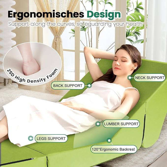 jela Outdoor Chaise Lounge, Waterproof Folding Sofa Bed Lounge Chair, UV Resistant Folding Lounge Chair with Machine Washable Cover, Soft Foam Patio Sofa Chairs Pool Lounge Chaise Chairs (Green)