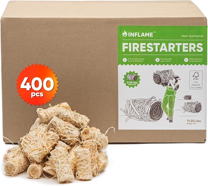 Inflame Fire Starters 400 pcs Fire Starters for Campfires, Grill, BBQ, Fireplace, Woodstove - Charcoal Starter - Waterproof, Weather-Resistant - Natural Wood Fireplace Starters