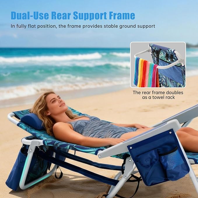 SUNNYFEEL Low Beach Chair 2 Pack, 5-Position Lay Flat Reclining, Backpack Portable Folding Chairs with Cooler Bag & Cup Holder, Heavy Duty 350 LBS, Compact for Beach, Camping, Travel