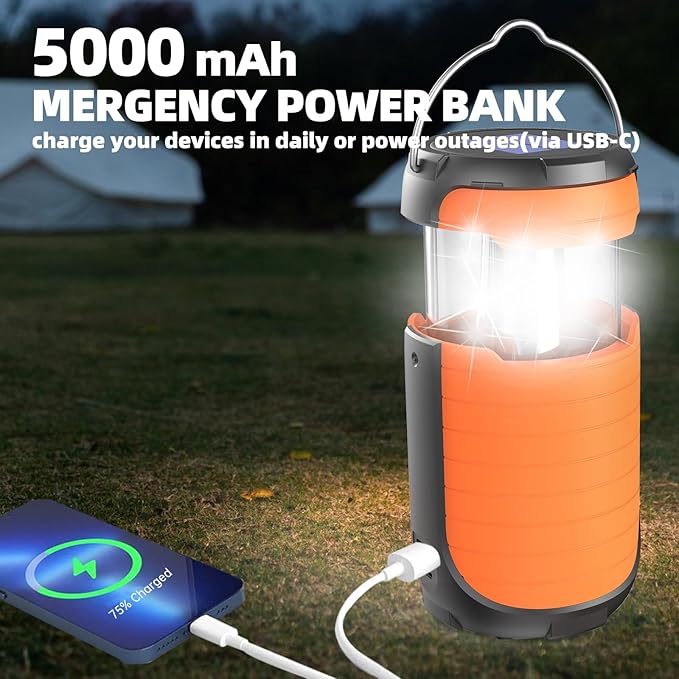 Solar Camping Lantern,Rechargeable Battery Powered Camping Lantern, 2 Lighting Modes, 5000mAh Long Battery Life, USB Charging Port, Waterproof Camping Lamp for Emergency/ Hiking/ Fishing