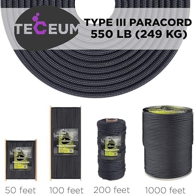 TECEUM 5/32" Paracord Rope 1000 – 1000ft / 200ft / 100ft / 50ft – Tactical Parachute Cord 4mm – 45+ Colors – Nylon String for Survival & Camping Gear – Stripe Cord for Survival – Utility Rope