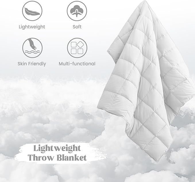 puredown® Soft Feather Down Throw Blanket Lightweight Packable Couch Throw for Indoor and Outdoor Use, 50"X70", White