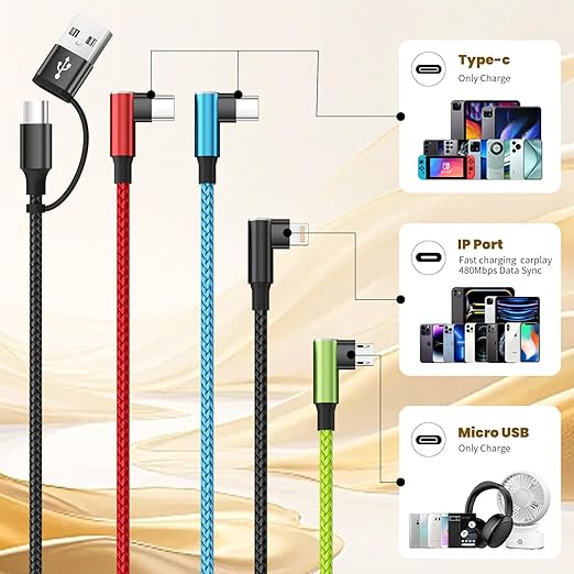 Travel Essentials 90 Degree Charging Cable, 4 in 2 USB A/USB C Multi Charging Cable, Right Angle Universal Phone Charger with IP/Type C/Type C/Micro Port, Compatible with Most Cell Phones and More