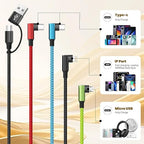 Travel Essentials 90 Degree Charging Cable, 4 in 2 USB A/USB C Multi Charging Cable, Right Angle Universal Phone Charger with IP/Type C/Type C/Micro Port, Compatible with Most Cell Phones and More