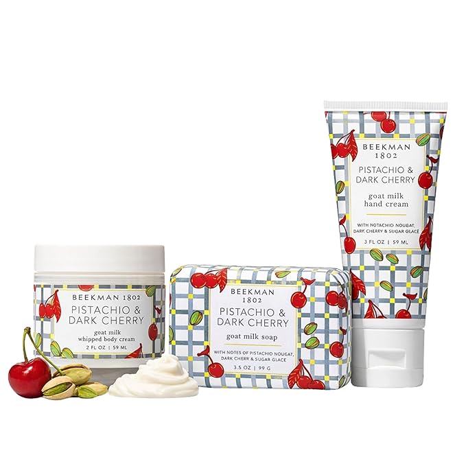 Beekman 1802 Pistachio & Dark Cherry 3-Piece Body Care Sampler Set – Goat Milk Skincare Mini Set with Body Cream, Hand Cream & Bar Soap – Travel Size Gift Set