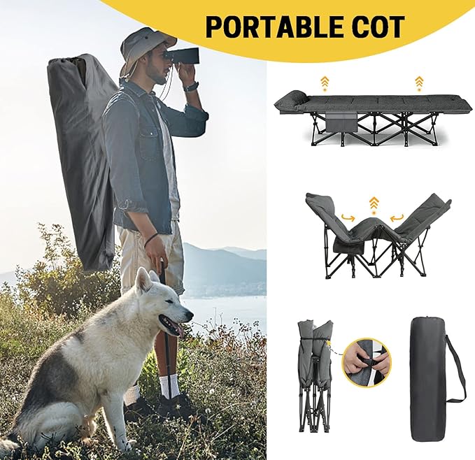 ATORPOK Camping Cot for Adults with Cushion and Pillow, Portable Folding Bed for Sleeping, Lightweight Tent cot with Carry Bag Supports 450 lbs (Grey)