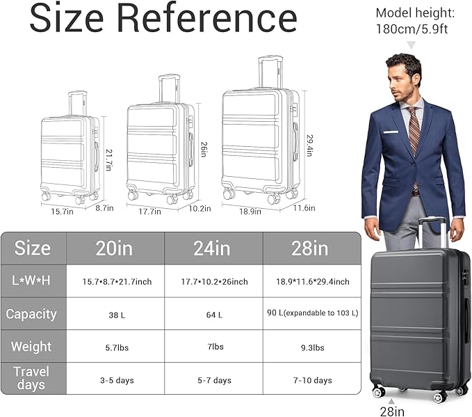 Kono 28 Inch Luggage Expandable Suitcase Lightweight with Spinner Wheels TSA Lock Hardside Large Checked Luggage Durable Rolling Suitcase Grey