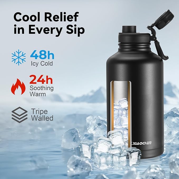 KXIAOCHEN Insulated Water Bottle, Stainless Steel Water Bottle, 2 Lids (Straw and Handle Lid),Wide Mouth Metal Water Bottles Keep Hot and Cold, Double Walled, Thermo Mug, Metal Canteen