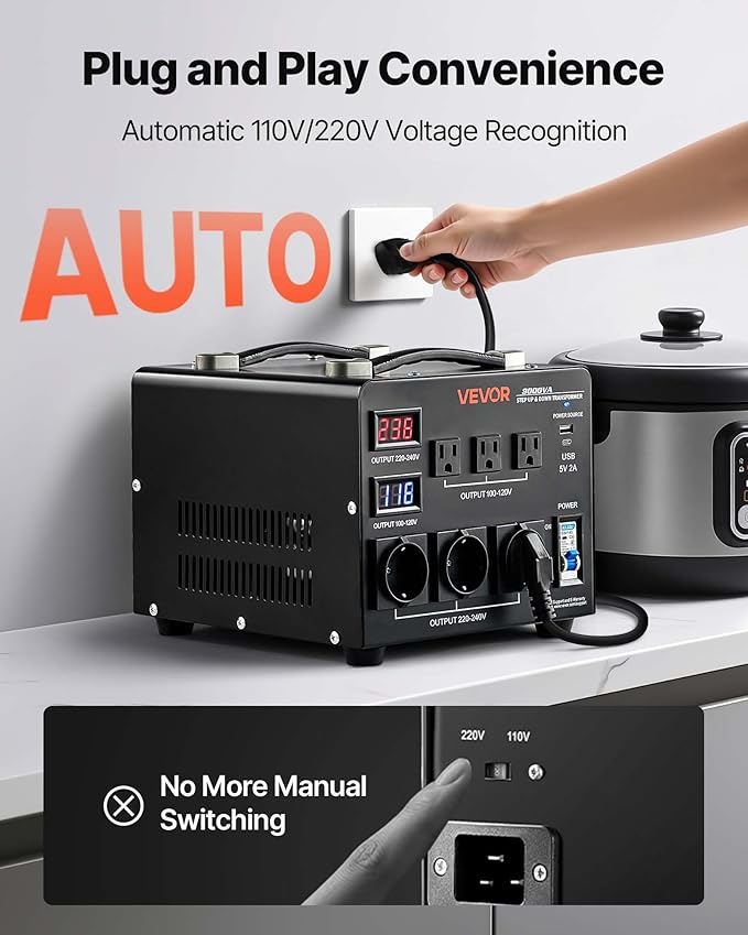 VEVOR Voltage Auto Converter Transformer, 3000VA, Heavy Duty Step Up/Down Power Transformer, 110V to 220V and 220V to 110V, with 3 US Outlets, 3 EU Outlets, LCD Display, Circuit Breaker Protection
