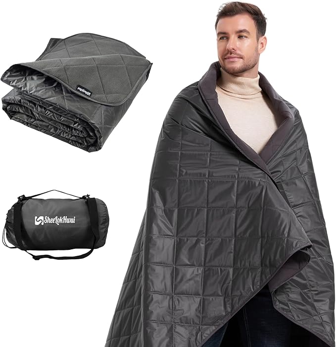 4-in-1 Large Outdoor Blanket - Waterproof & Windproof Thickened Warm Fleece Camping Blanket for Stadium, Hiking, Sporting Events - 81"x57", Packable (Dark Gray)