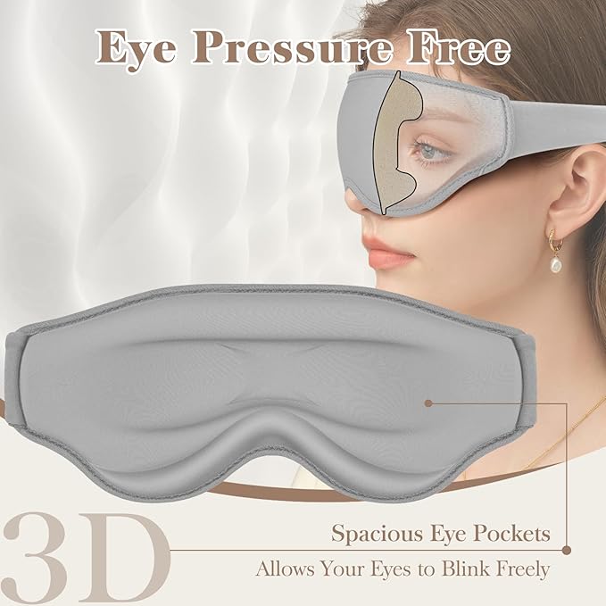 3D Cooling Eye Mask Sleep Mask for Men & Women, 100% Pressure-Free & Light Block-Out Eye Mask for Sleep with Easy Adjustable Strap, Night Eye Cover for Travel, Grey