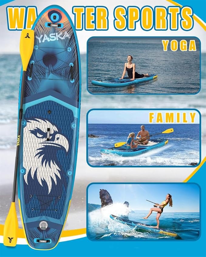 YASKA Inflatable Stand Up Paddle Board - 11ft Extra Wide Paddleboard with Premium SUP Board Accessories,Camera Mount,Non-Slip EVA Deck,5 Handles,Youth/Adult