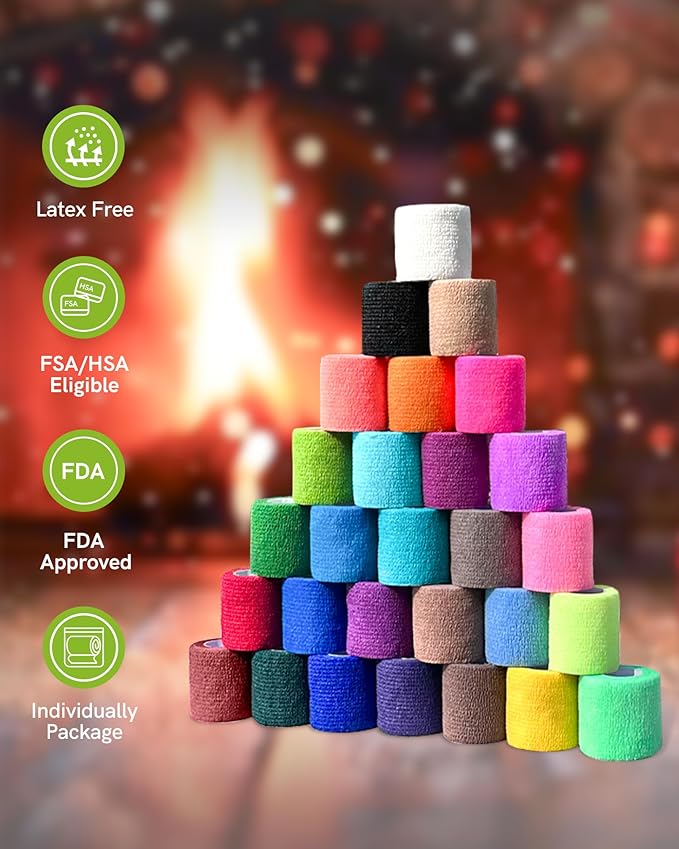 FriCARE Self Adhesive Bandage Wrap, Medical Tape in First Aid Kit, Cohesive Bandages for Wounds Sport Vet, FSA/HSA Eligible, 2 Inches X 5 Yards 6 Rolls, Fluorescent Green