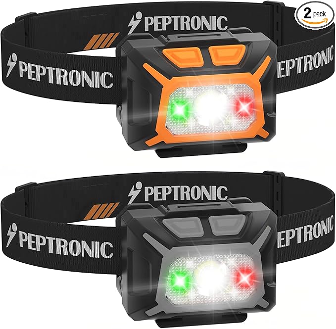 Camping Headlamp 2 Pack LED Battery Powered Dimming Head Lamps with Adjustable Headband IPX4 Waterproof Head Light 9 Modes Red White Green Light for Hiking, Running, Cycling