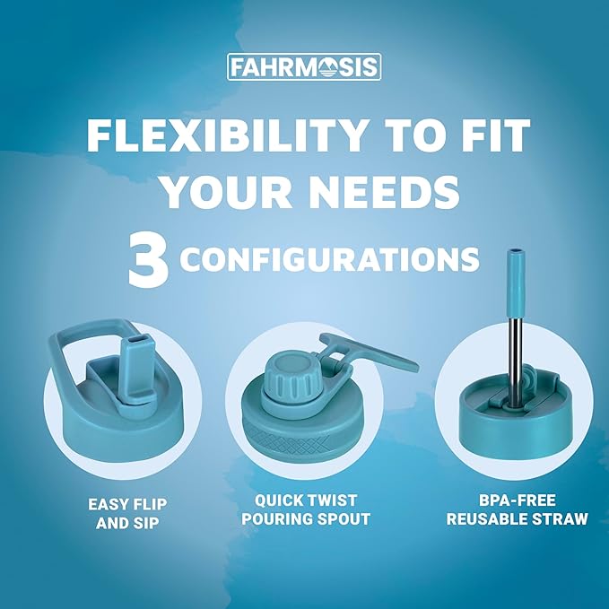 64 Oz Water Bottle with Straw Stainless Steel Sports Water Bottle with 3 Lids (Straw, Chug and Flip Lid) Leak Proof Metal Half Gallon Jug for Men & Women - Indigo Green