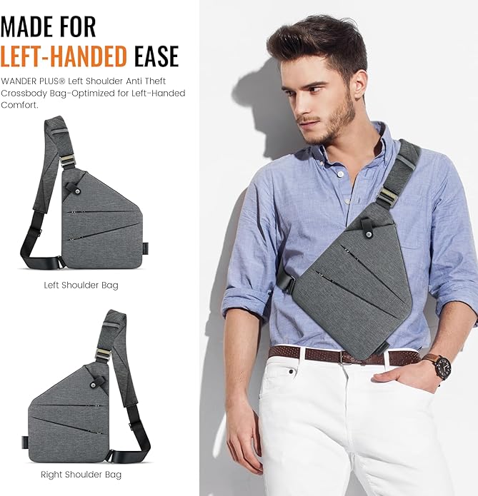 WANDER PLUS® Left Shoulder Anti Theft Crossbody Travel Bag for Women Men, Slim Sling Bag with Adjustable Strap