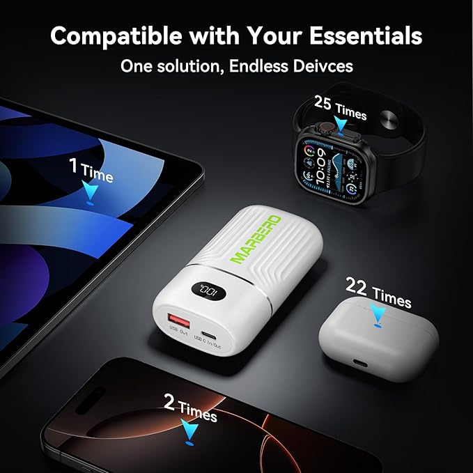 MARBERO Power Bank 10000mAh Compact Portable Charger 5V/3A External Battery PowerBank USB C in & Out Battery Pack Backup Compatible with iPhone iPad Sumsung Galaxy Pixel Google and More (White)
