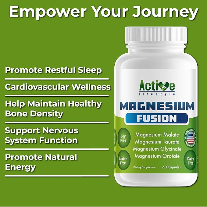 Active Lifestyle 4X Magnesium Supplement, Magnesium Glycinate, Taurate, Malate, Orotate Complex, Calm Sleep, GMO Free, Gluten Free, Soy Free, Dairy Free, Lab Tested, Made in USA