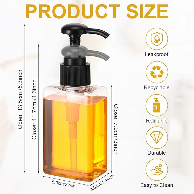 Domensi 12 Pcs 100ml /3.4 oz Pump Bottle Mini Travel Bottles Small Dispenser Containers Plastic Pump Lotion Dispenser Empty Square Travel Size Containers Toiletries (Clear,Black,White)