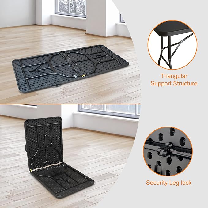 6 FT Folding Table with Carry Handle, Portable Fold-in-Half Plastic Table, Rectangle Foldable Table for Indoor/Outdoor Black