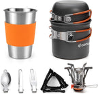Odoland Camping Cookware Stove Carabiner Canister Stand Tripod and Stainless Steel Cup, Tank Bracket, Fork Spoon Kit for Backpacking, Outdoor Camping Hiking and Picnic