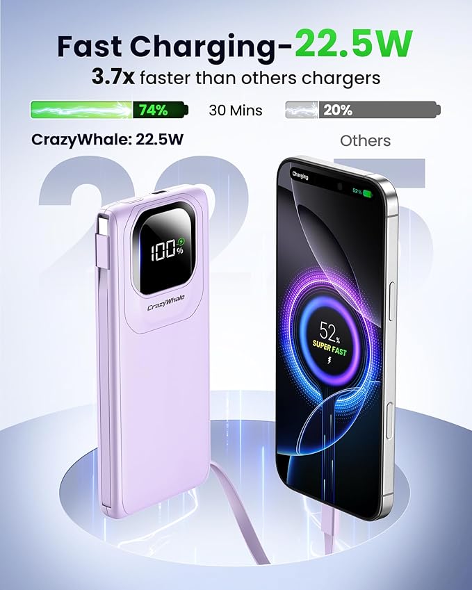 Portable Charger Power Bank with Built-in Cables, 22.5W Fast Charging 10000mAh Phone Charger, Travel Battery Pack Slim Battery Bank with Smart LED Display for iPhone, Android & USB-C Devices (Purple)