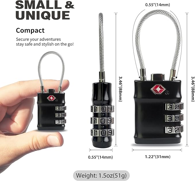 TSA Locks for Luggage, 3 Digit Combination Padlock, Luggage Locks TSA Approved 2 Pack, Combo Cable Padlocks with Code, for Gym Locker, Suitcase, Gun Case, Backpack Zipper (Black+Black)