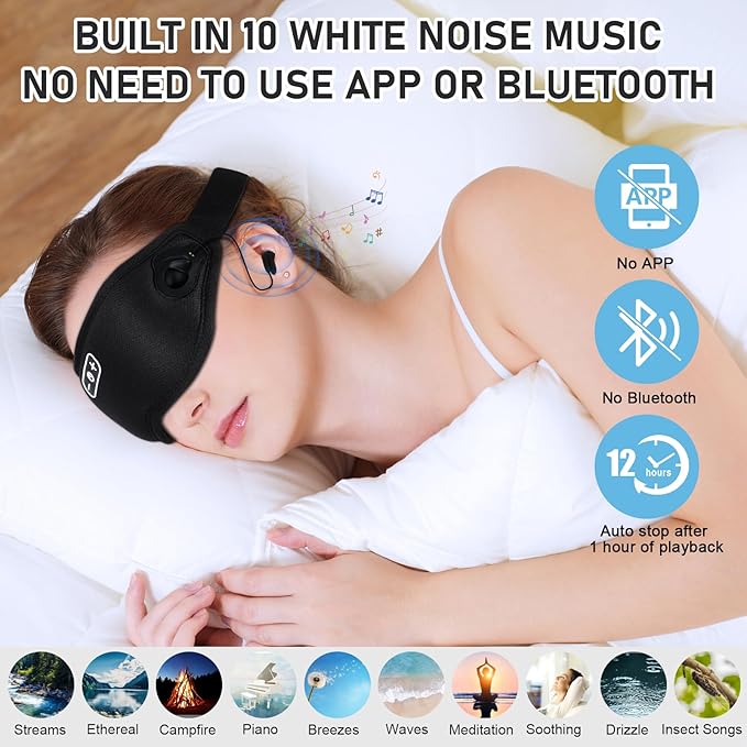 White Noise Sleep Mask, Breathable 3D Soft Eye Mask with Earplugs for Side Sleepers, Blackout 3D Contoured Eye Cover with Adjustable Strap for Women Men, no Bluetooth, no APP(Black)