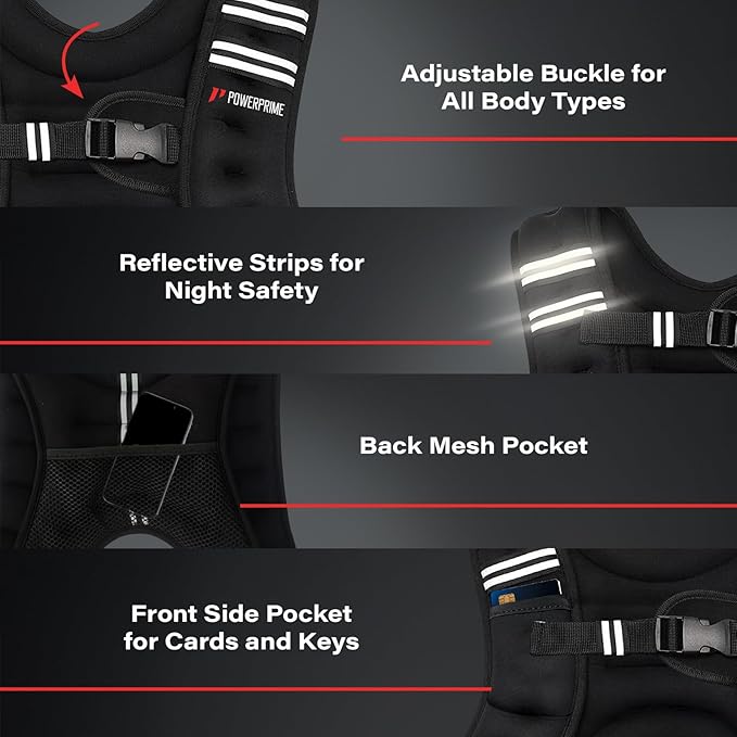 PowerPrime® Weighted Vest 11 lbs (5 kg) – Adjustable, Unisex Fitness Vest for Men & Women – Neoprene Material, Reflective Strips, Mesh Pocket – Ideal for Running, HIIT, and Strength Training