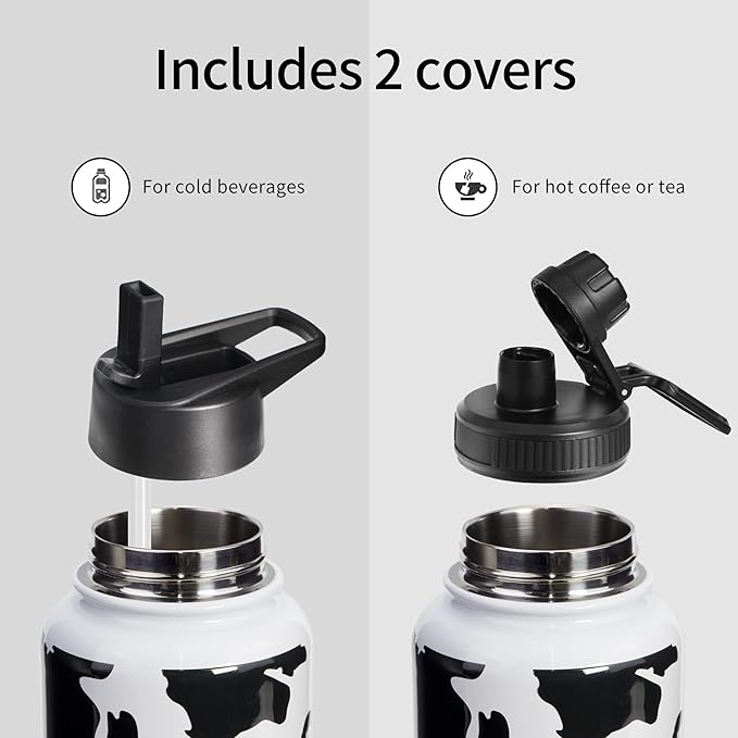 32oz Cow Print Vacuum Insulated Stainless Steel Water Bottles with Straw & Spout Lids, Double Wall Sport Bottle, Sweat-Proof BPA Free, Canteen Metal Thermo Mug Hydro Jug, Cow Print Stuff Gifts