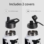 32oz Cow Print Vacuum Insulated Stainless Steel Water Bottles with Straw & Spout Lids, Double Wall Sport Bottle, Sweat-Proof BPA Free, Canteen Metal Thermo Mug Hydro Jug, Cow Print Stuff Gifts