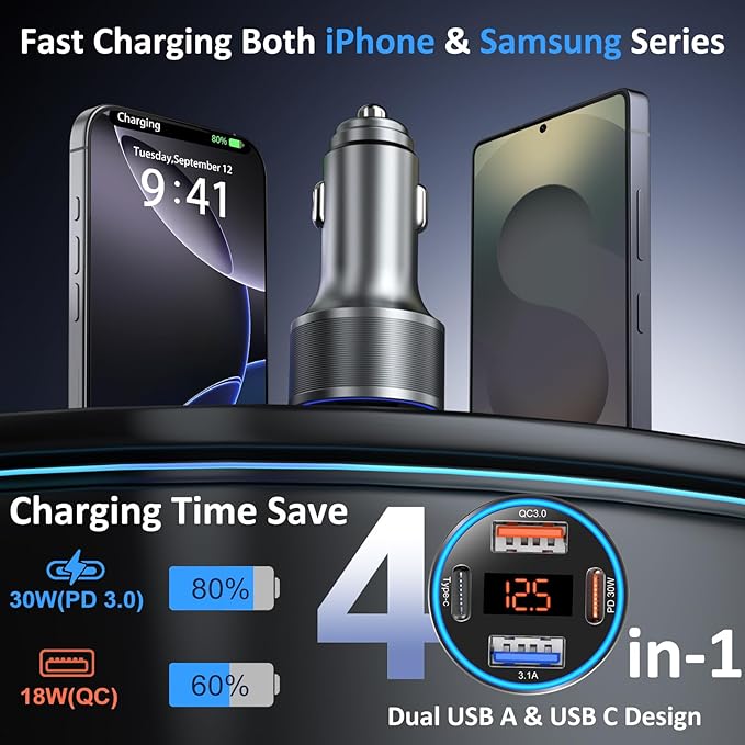 4-Port 65W Fast Car Charger USB C for iPhone 17/16/15/14/13 Pro Max, 3 Pack Dual 12V USB-A&C Car Phone Charger Cigarette Lighter Adapter for Galaxy A16/S25/S24/S23 Ultra+6FT USB-C Cable
