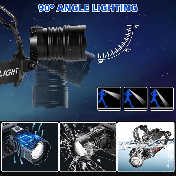 High Lumen Rechargeable Headlamp, Super Bright Head Lamp, 90°Angle Head Lights for Forehead, Adjustable Focus Headlight, 4Mode LED Headlamp Rechargeable, Headlamps for Adults Hard Hat Hiking (4Pack)
