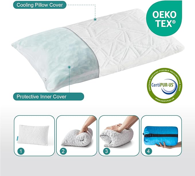 Small Shredded Gel Memory Foam Pillow，Adjustable for Contoured Support -Portable Ideal for Backpacking, Camping, Travel, Car, Airplane,Office Nap