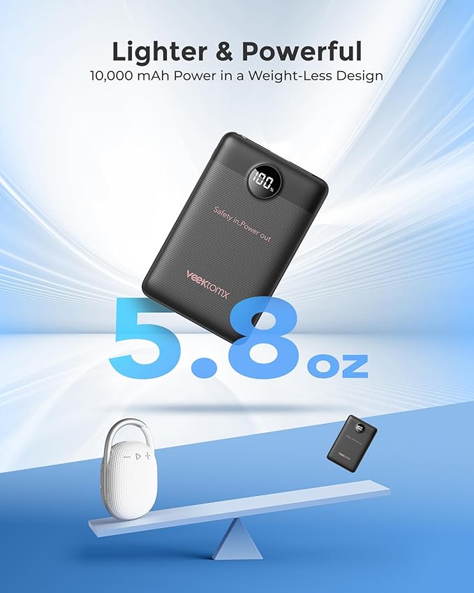 VEEKTOMX Small Portable Charger 10000mAh, Mini Power Bank 22.5W Fast Charging, Slim & Lightweight Travel Essentials, 3-Output External USB C Battery Pack Compatible with iPhone 17 16 15 (Dark Black)